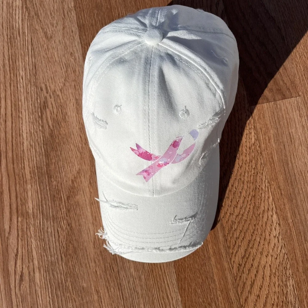 Breast Cancer Awareness Women's Hat Cap White Distressed‎ Adjustable NEW